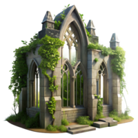 dramatic contemporary A crumbling gothic cathedral overgrown with vines, dappled sunlight filtering through broken stained glass, ethereal, painterly style, authentic png