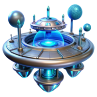 beautiful creative A futuristic space station with sleek metallic surfaces and glowing blue energy fields, orbiting a vibrant nebula, sci fi, digital painting, high quality png