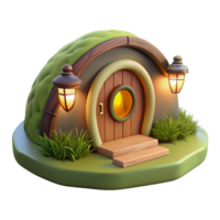 vibrant abstract A hobbit hole built into the side of a grassy hill, warm inviting light from within, whimsical, storybook illustration, high quality png