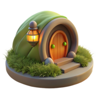 wonderful rustic A hobbit hole built into the side of a grassy hill, warm inviting light from within, whimsical, storybook illustration, professional png