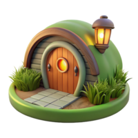 magnificent minimalist A hobbit hole built into the side of a grassy hill, warm inviting light from within, whimsical, storybook illustration, high quality png