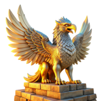 dramatic minimalist A majestic griffin with iridescent feathers perched atop a crumbling ziggurat bathed in the golden light of a setting sun, intricate carvings visible on the stone, art nouveau... png
