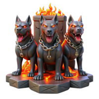 beautiful vintage A three headed Cerberus guarding the gates of the underworld, chains of glowing embers binding it, ominous red lighting, dramatic realism premium png