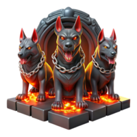 stunning creative A three headed Cerberus guarding the gates of the underworld, chains of glowing embers binding it, ominous red lighting, dramatic realism exclusive png