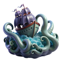 magnificent rustic A kraken rising from the depths of the ocean, its tentacles engulfing a ship, dark and stormy lighting, realistic style exclusive png