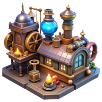 magnificent modern A bustling steampunk marketplace filled with intricate gadgets, brass pipes, and steam powered contraptions, illuminated by vibrant neon signs and gas lamps, highly detailed,... png