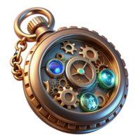 wonderful classic A close up of a steampunk pocket watch, intricate gears and glowing crystals, highly detailed, macro photography style, soft lighting professional png