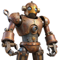 vibrant modern A colossal steampunk robot, rusted metal and exposed wires, wielding a massive wrench, dramatic lighting, gritty and realistic style professional png