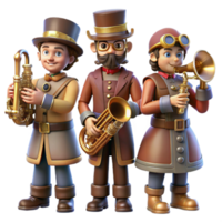 serene rustic A group of steampunk musicians playing brass instruments, wearing elaborate Victorian attire with gears and goggles, stage lighting, vibrant colors authentic png