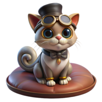magnificent rustic A portrait of a steampunk cat wearing goggles and a tiny top hat, sitting on a velvet cushion, warm, inviting lighting, hyperrealistic style original png