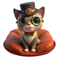 extraordinary modern A portrait of a steampunk cat wearing goggles and a tiny top hat, sitting on a velvet cushion, warm, inviting lighting, hyperrealistic style high quality png
