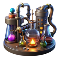 elegant rustic A steampunk laboratory filled with bubbling beakers, strange devices, and glowing tubes, dimly lit, mysterious atmosphere detailed png