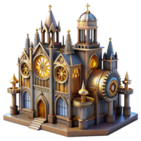 vibrant abstract A majestic steampunk cathedral with stained glass windows depicting gears and automatons, ethereal, otherworldly lighting high quality png
