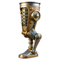 wonderful abstract A close up of a steampunk prosthetic leg with intricate clockwork mechanisms, metallic textures, cool, clinical lighting premium png