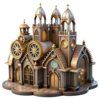 elegant minimalist A majestic steampunk cathedral with stained glass windows depicting gears and automatons, ethereal, otherworldly lighting premium png