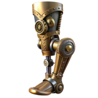 extraordinary classic A close up of a steampunk prosthetic leg with intricate clockwork mechanisms, metallic textures, cool, clinical lighting professional png