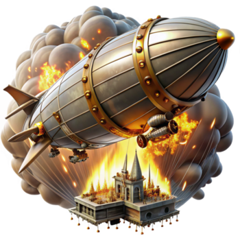 elegante clássico uma dramático cena do uma steampunk dirigível batalha sobre uma futurista cidade, fogosa explosões, dramático iluminação, cinematográfico estilo genuíno png