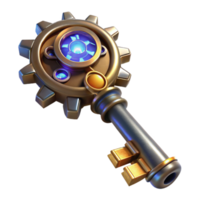 beautiful creative A close up of a steampunk key with intricate gears and glowing runes, mysterious, ethereal lighting, fantasy style exclusive png