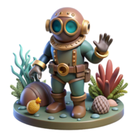 impressive rustic A dramatic scene of a steampunk diver exploring a coral reef in a diving suit with brass accents, underwater lighting, bioluminescent elements authentic png