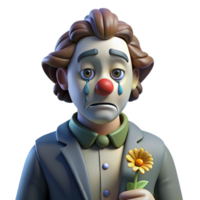serene abstract A portrait of a melancholic clown with smeared makeup, a single tear rolling down their cheek, and a wilted flower in their hand, lit by dim, cool light, in a dark, surrealist... png