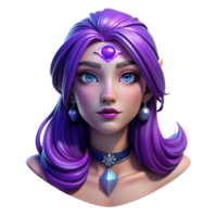 dramatic rustic Portrait of a young woman with vibrant purple hair, adorned with delicate crystal jewelry, and a serene expression, illuminated by soft, ethereal moonlight, in a dreamy, art... png