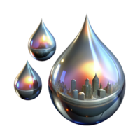 beautiful contemporary Liquid mercury droplets, suspended in mid air, reflecting distorted images of a fragmented, neon cityscape, lit by a cool, metallic light authentic png