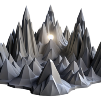 serene modern A dynamic, fractal landscape of jagged peaks and valleys, rendered in shades of deep grey and black, illuminated by a single, piercing ray of white light premium png
