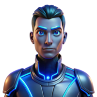 Maravilhoso vintage retrato do uma cyborg com brilhando azul circuitos visível abaixo seus sintético pele, encarando intensamente às a visualizador. néon iluminação. cyberpunk estilo exclusivo png