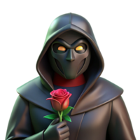 extraordinary traditional Portrait of a mysterious masked figure in a dark cloak, holding a single rose. Low-key lighting with a single spotlight. Gothic style 4K png
