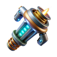 extraordinary traditional A futuristic weapon, sleek and metallic, with glowing energy coils, levitating in mid air. High tech, minimalist style high resolution png