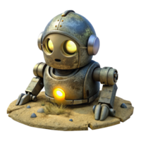 impressive classic A decaying, overgrown robot, half buried in the sand of a desolate alien planet, lit by the faint glow of a distant star. Post apocalyptic, melancholic style genuine png