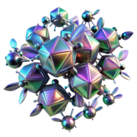 serene minimalist A swarm of nanobots forming complex, geometric patterns in mid air, illuminated by a shifting spectrum of iridescent light. Abstract, futuristic style high resolution png