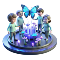 dramatic abstract A group of children playing with holographic butterflies in a futuristic park, illuminated by the soft glow of bioluminescent plants. Utopian, whimsical style high resolution png