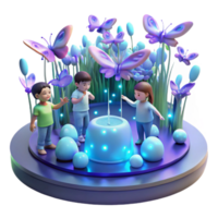 magnificent minimalist A group of children playing with holographic butterflies in a futuristic park, illuminated by the soft glow of bioluminescent plants. Utopian, whimsical style original png