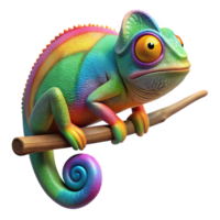 elegant contemporary A chameleon perched on a branch, its skin displaying vibrant rainbow colors, jungle foliage blurred in the background, bokeh effect, nature photography style high resolution png