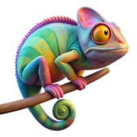 stunning classic A chameleon perched on a branch, its skin displaying vibrant rainbow colors, jungle foliage blurred in the background, bokeh effect, nature photography style original png