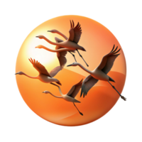 extraordinary traditional A flock of flamingos taking flight against a fiery sunset, silhouettes against the orange sky, minimalist and graphic design style 4K png