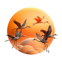 vibrant vintage A flock of flamingos taking flight against a fiery sunset, silhouettes against the orange sky, minimalist and graphic design style 4K png