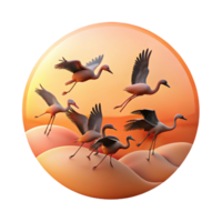 stunning abstract A flock of flamingos taking flight against a fiery sunset, silhouettes against the orange sky, minimalist and graphic design style exclusive png