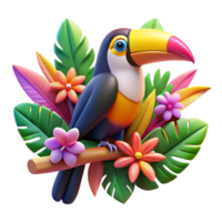 deslumbrante artístico uma vibrante tucano empoleirado em uma filial, cercado de tropical flores, colorida e brincalhão estilo, pop arte inspirado genuíno png