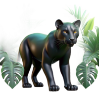 serene modern A sleek black panther prowling through dense jungle foliage, dappled sunlight filtering through the leaves, dramatic and cinematic lighting, hyperrealistic style premium png
