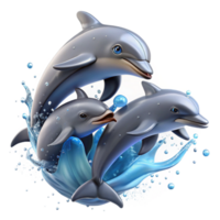 dramatic creative A group of dolphins leaping out of the ocean, sparkling water droplets, dynamic and energetic composition, photorealistic style 4K png