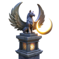 vibrant creative A majestic griffin perched atop a crumbling obsidian tower, illuminated by the ethereal glow of three crescent moons, Art Nouveau style genuine png