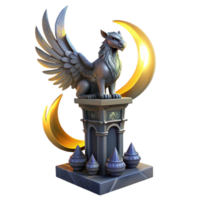 elegant minimalist A majestic griffin perched atop a crumbling obsidian tower, illuminated by the ethereal glow of three crescent moons, Art Nouveau style premium png
