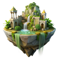 wonderful abstract Floating island with ancient ruins, waterfalls cascading down, lush vegetation, golden hour lighting, fantasy art, matte painting, premium png