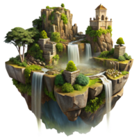 dramatic abstract Floating island with ancient ruins, waterfalls cascading down, lush vegetation, golden hour lighting, fantasy art, matte painting, authentic png