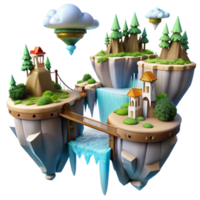 elegant artistic Floating islands connected by bridges, waterfalls, lush vegetation, fantasy style, dreamlike atmosphere, cinematic render, professional png