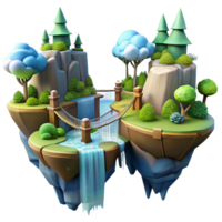 extraordinary rustic Floating islands connected by bridges, waterfalls, lush vegetation, fantasy style, dreamlike atmosphere, cinematic render, detailed png