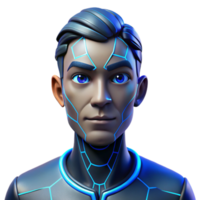 wonderful abstract Portrait of a cyborg with glowing blue circuitry visible beneath cracked porcelain skin, sharp angles of light cutting across their face, cyberpunk style exclusive png