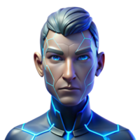 stunning traditional Portrait of a cyborg with glowing blue circuitry visible beneath cracked porcelain skin, sharp angles of light cutting across their face, cyberpunk style professional png